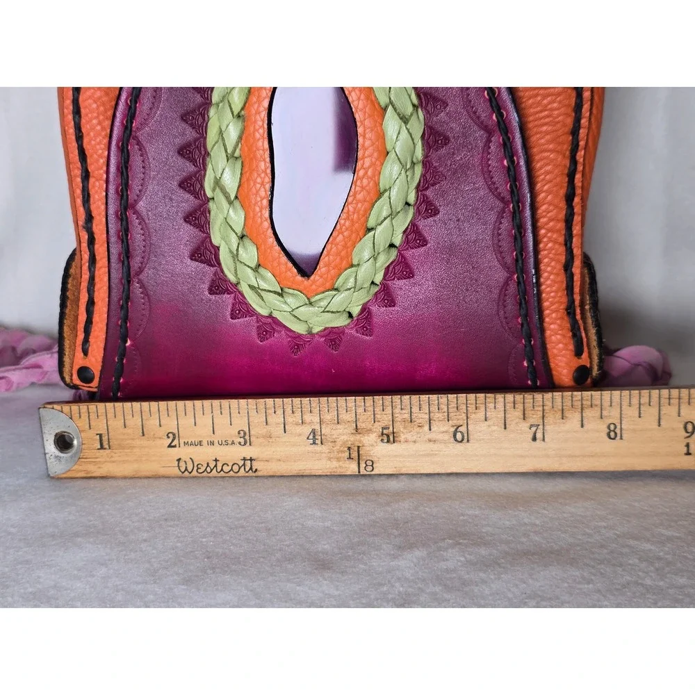 Handmade Leather Crossbody Bag Braided Strap Colorblock Pink Orange Green - Picture 11 of 16